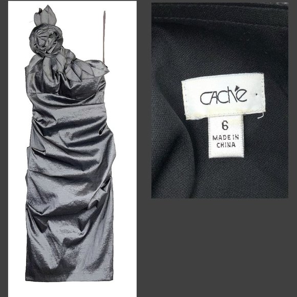 Cache Dark Silver One-shoulder Prom Homecoming Cocktail Party Dress Size 6-4 - Picture 1 of 16